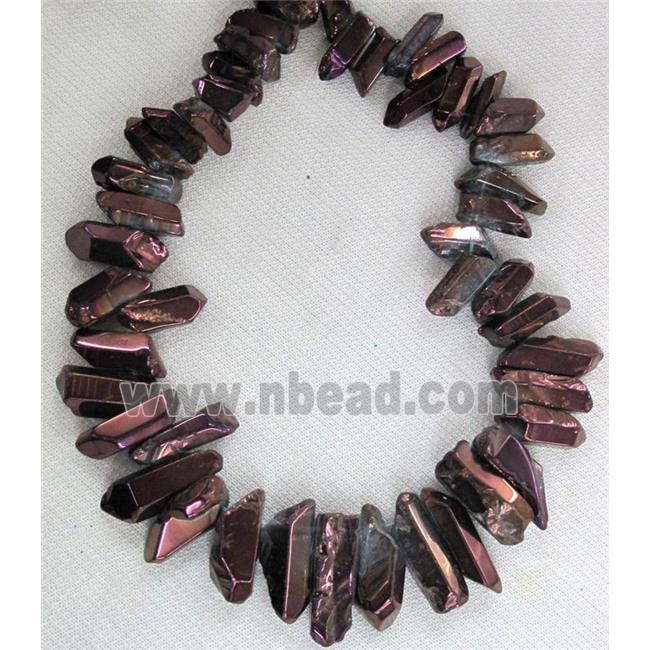 clear quartz stone bead, stick, freeform, purple electroplated