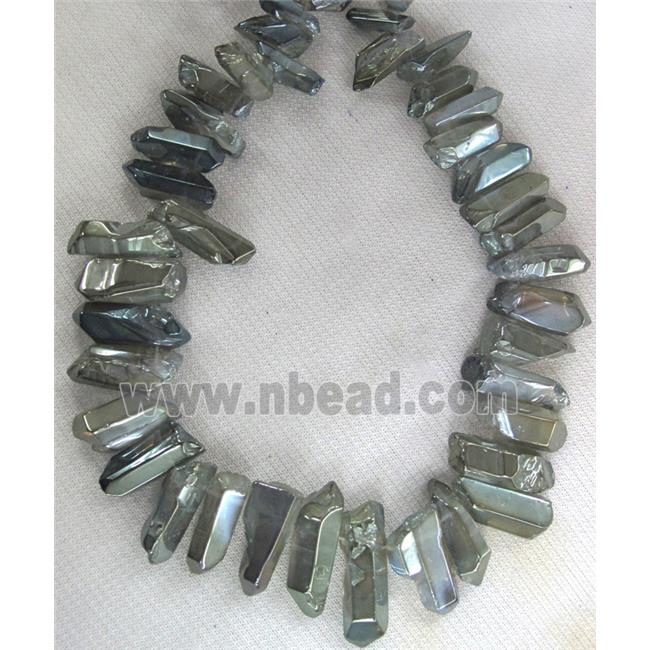 clear quartz bead, stick, freeform, lt.green electroplated