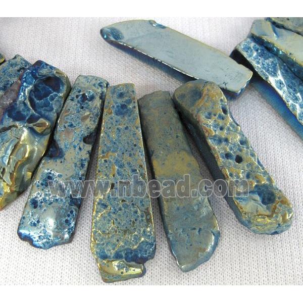 Rock Agate stone bead, stick, blue electroplated
