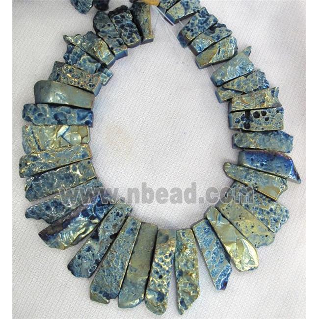 Rock Agate stone bead, stick, blue electroplated