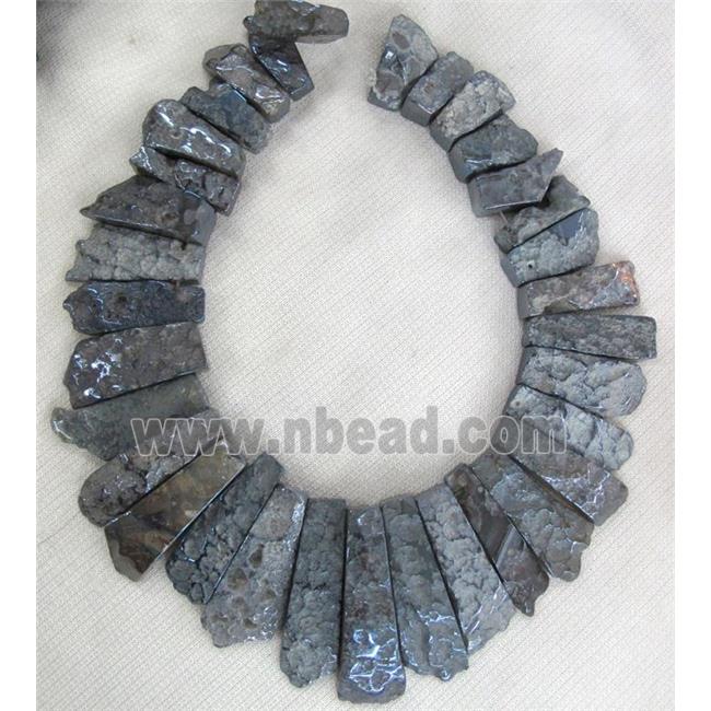Rock Agate stone bead, freeform stick, night-blue electroplated