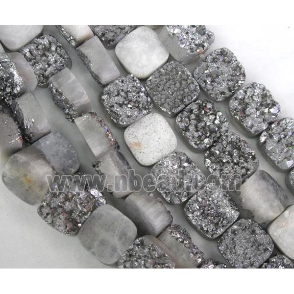 agate druzy beads, square, silver electroplated