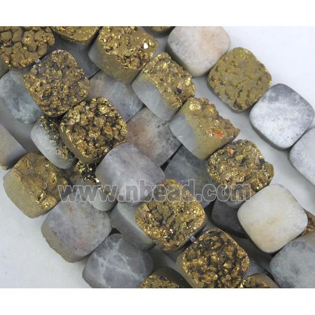 agate druzy beads, square, gold electroplated