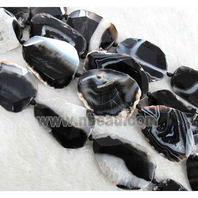 black agate beads, faceted slab, freeform