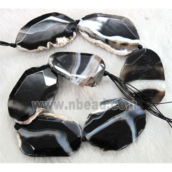 black agate beads, faceted slab, freeform