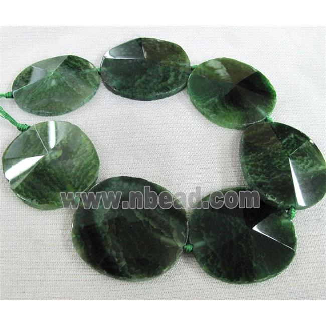 point agate slice beads, green, flat-round