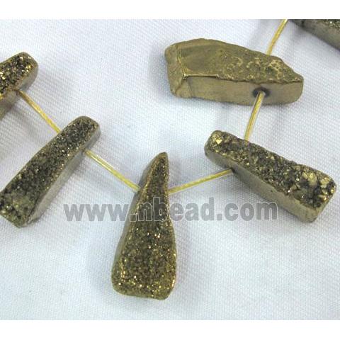 druzy agate beads, freeform stick, gold plated