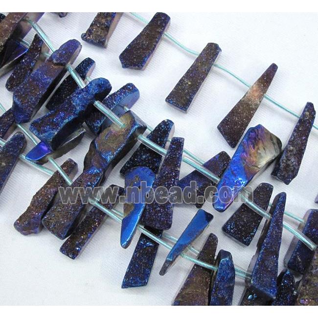 agate druzy beads, freeform stick, blue electroplated