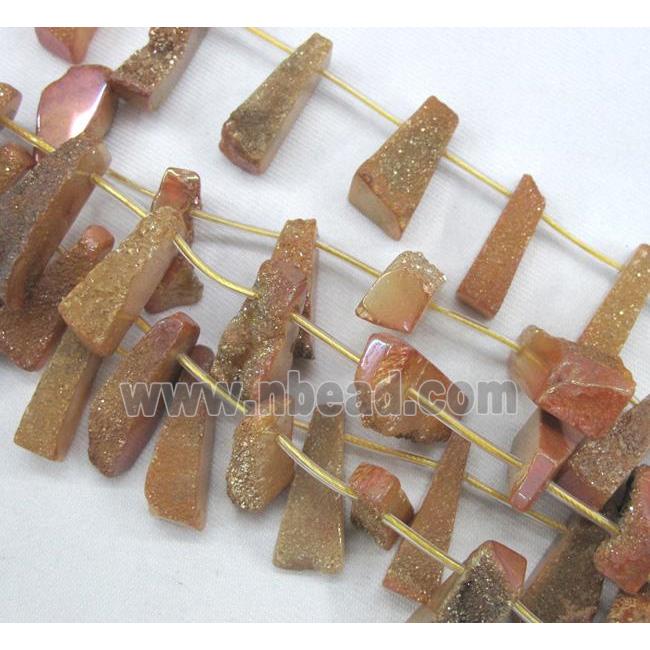 agate druzy beads, freeform stick, pink electroplated