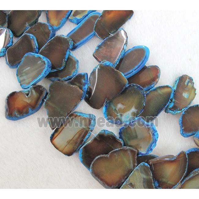agate beads, freeform slice, coffee and blue