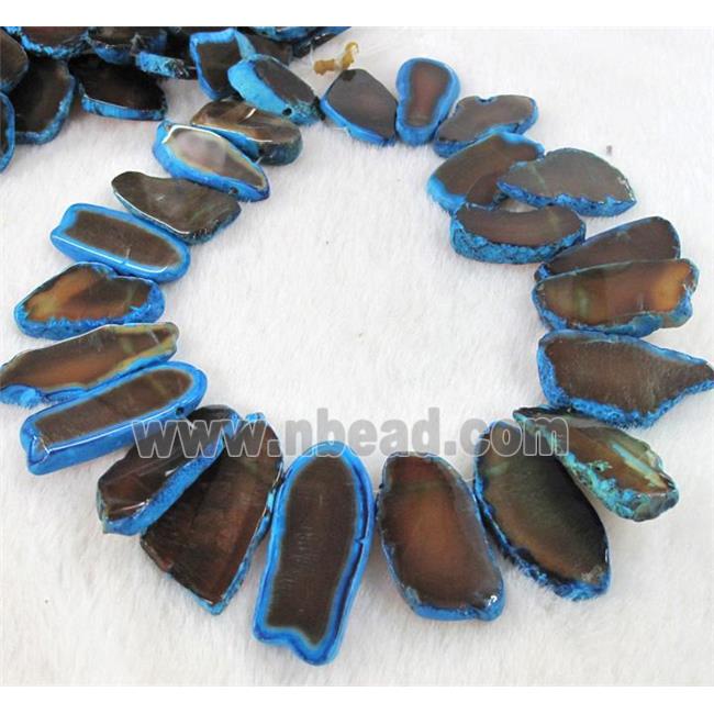 agate beads, freeform slice, coffee and blue