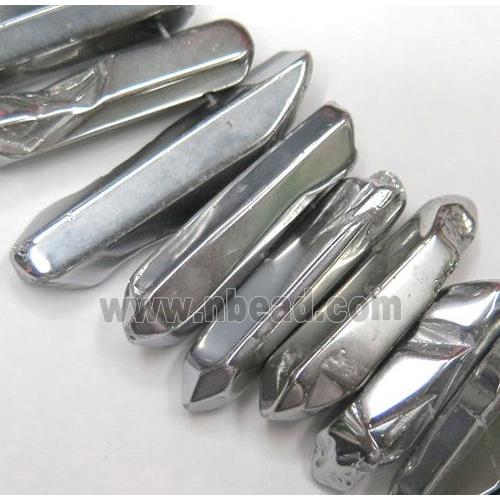 Clear Quartz Bead, stick, silver electroplated, polished