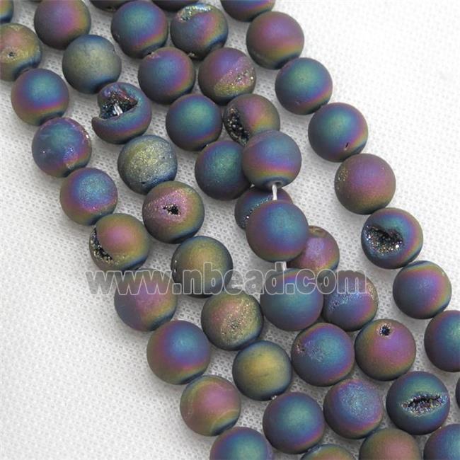 Druzy Agate beads, round, rainbow electroplated