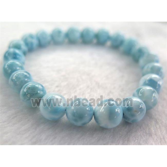 natural Larimar bracelet, round, blue, stretchy, grade-AAAAA