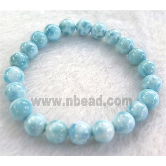 natural Larimar bracelet, round, blue, stretchy, grade-AAAAA