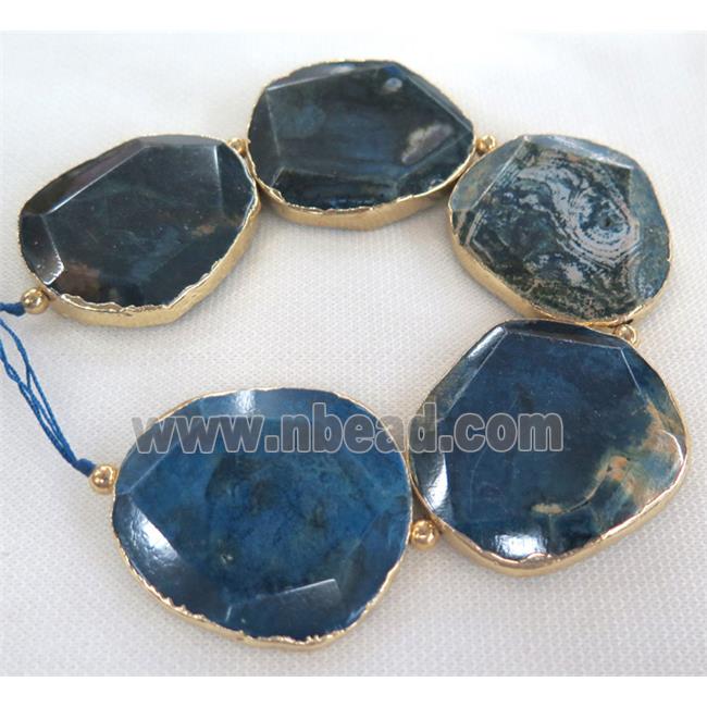 dragon veins Agate slab bead, faceted freeform, gold plated