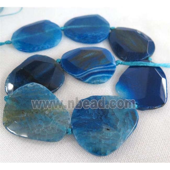 blue Agate beads, slice, faceted freeform