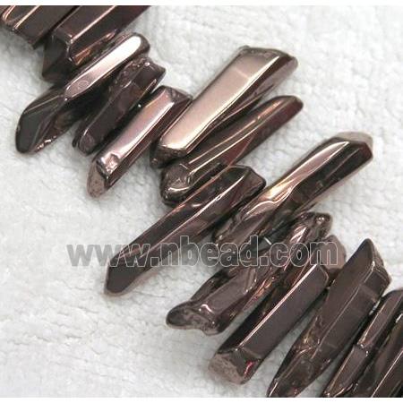 polished clear quartz stick beads, coffee electroplated