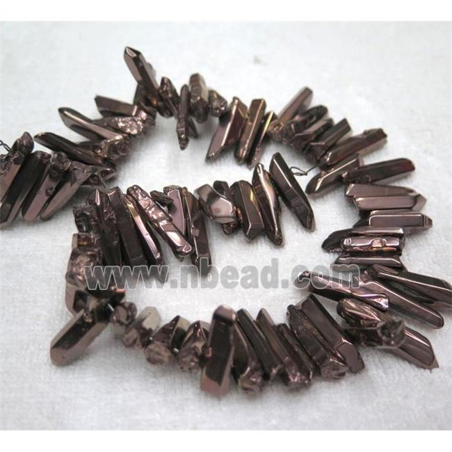 polished clear quartz stick beads, coffee electroplated