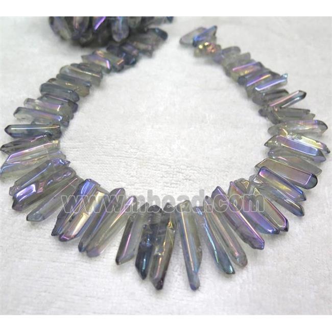 polished clear quartz stick collar beads, lt.blue AB