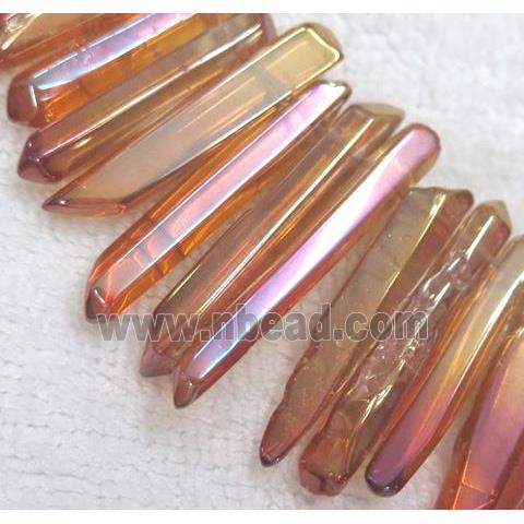 polished clear quartz stick beads, red electroplated