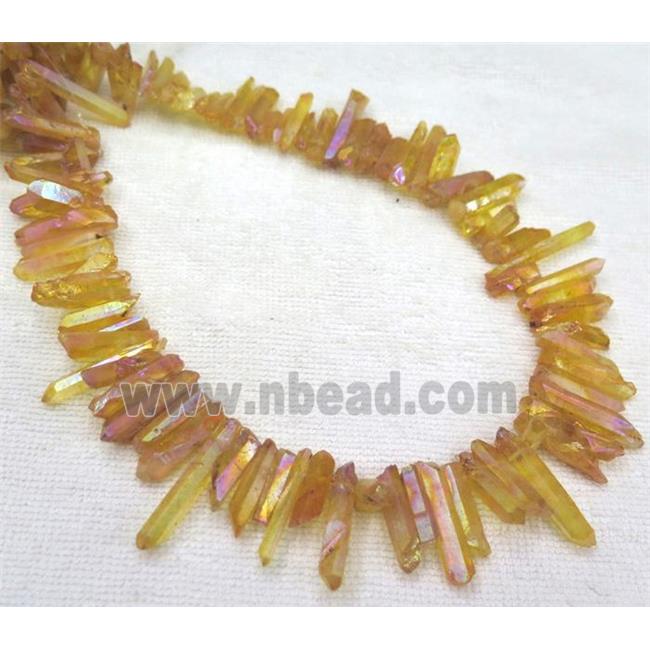 clear quartz bead, stick. freeform, orange AB-color