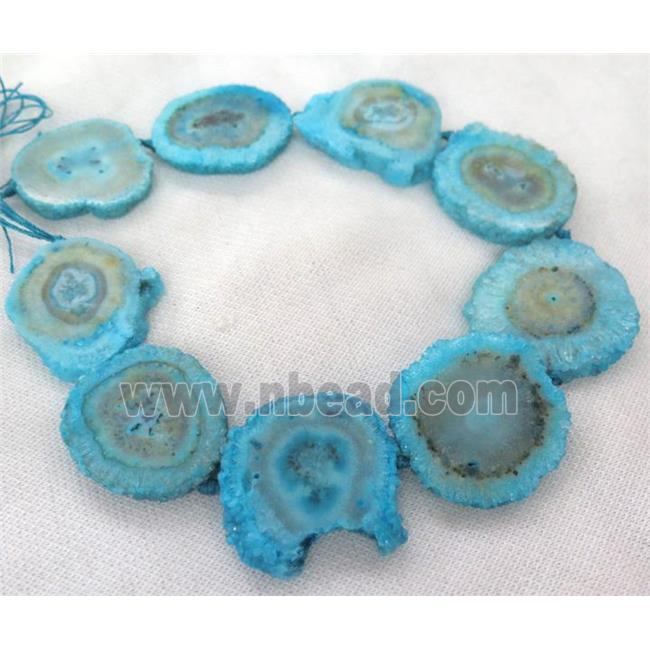 blue druzy agate bead, freeform slice