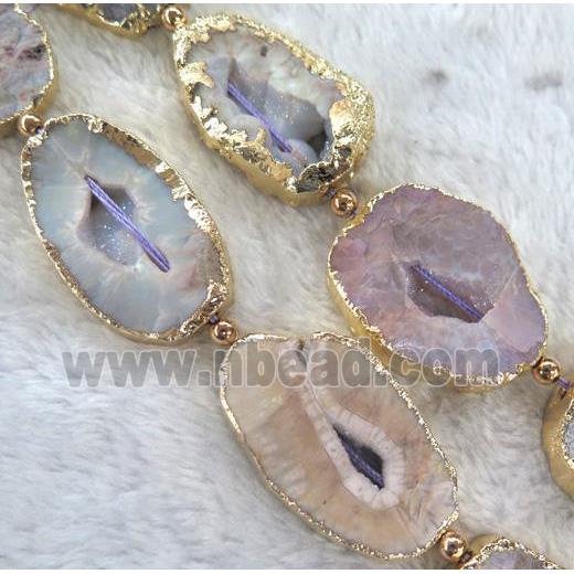 druzy Agate beads, pink, freeform, gold plated