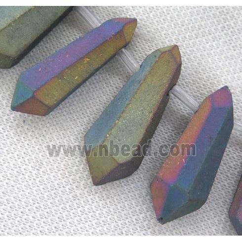 matte Clear Quartz Bullet Beads, top-drilled, rainbow electroplated