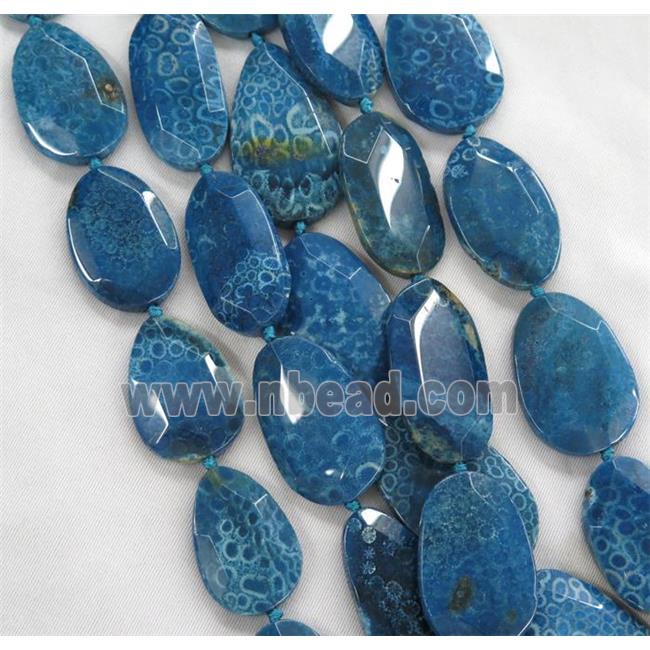 blue Coral Fossil slice beads, faceted freeform, dye