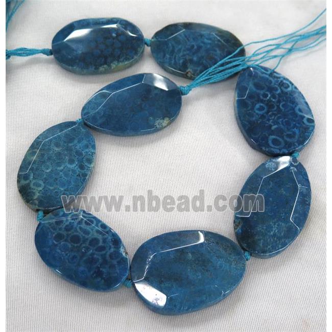 blue Coral Fossil slice beads, faceted freeform, dye