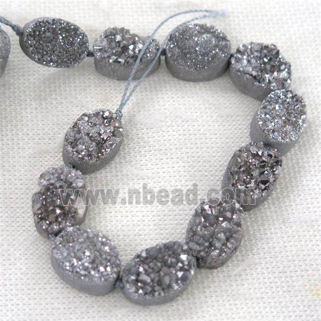 silver druzy quartz beads, oval