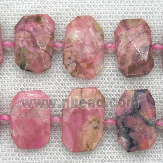 Rhodonite beads, pink, faceted rectangle