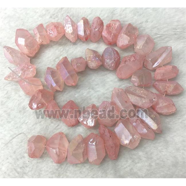 clear quartz bead, freeform, pink AB color plated