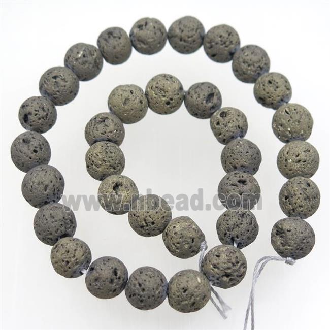 round Lava stone beads, coffee electroplated, pyrite