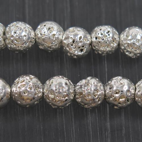 round Lava stone beads, shiny silver electroplated