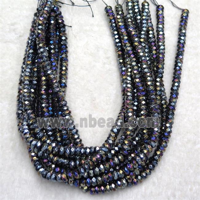 black Onyx agate beads, faceted rondelle, rainbow electroplated