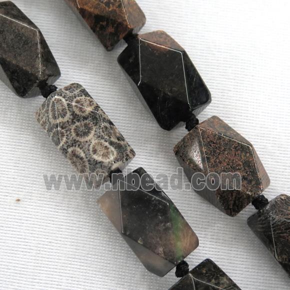 black Coral Fossil beads, faceted, nugget