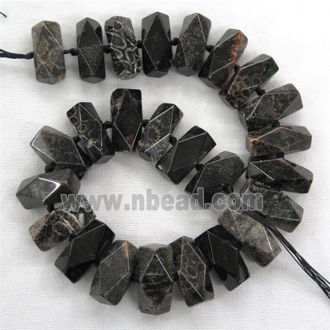 black coral fossil bead, faceted cuboid, nugget