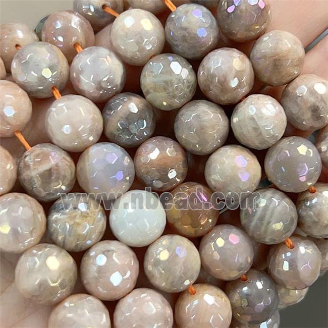 faceted round peach SunStone beads, B-grade, AB-color electroplated