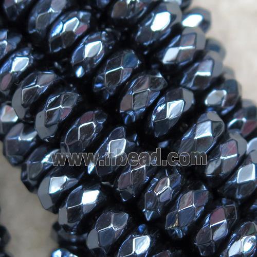 black Agate beads, faceted rondelle, light plated
