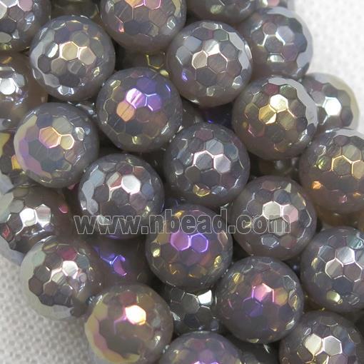 faceted round Grey Agate Beads with rainbow electroplated