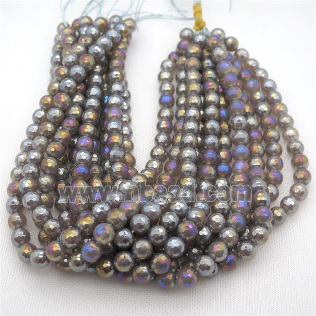 faceted round Grey Agate Beads with rainbow electroplated