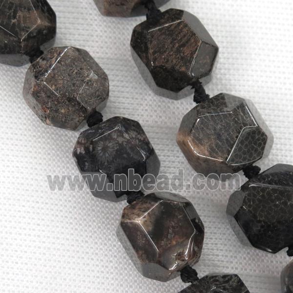 faceted round black Coral Fossil Beads