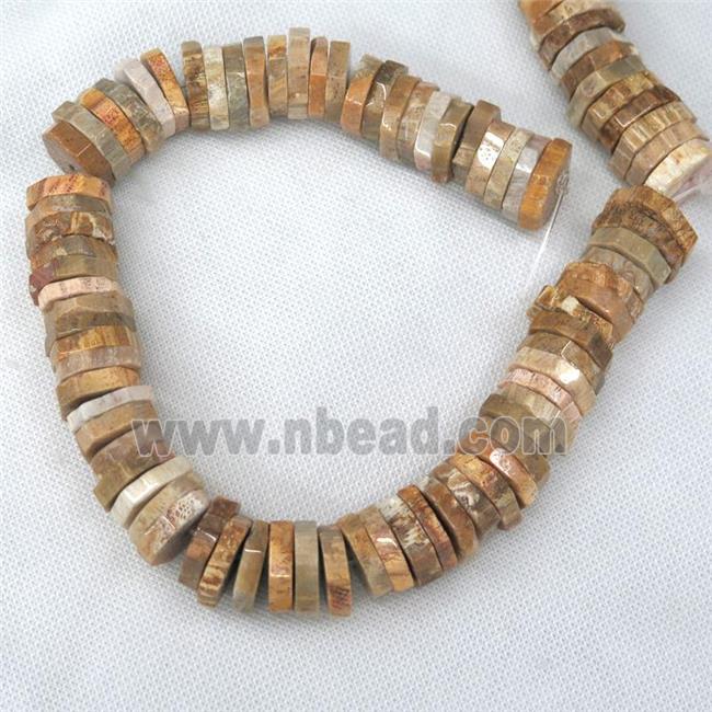 yellow Coral Fossil beads, faceted heishi