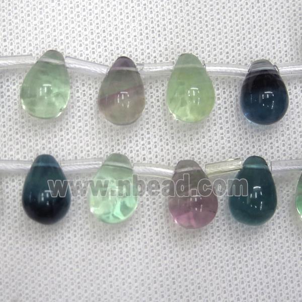 Fluorite beads, teardrop, multi-color, top-drilled