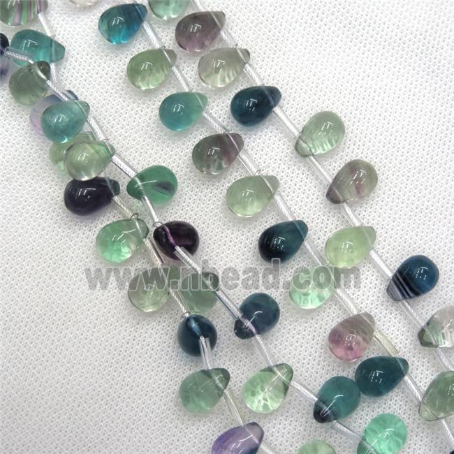 Fluorite beads, teardrop, multi-color, top-drilled