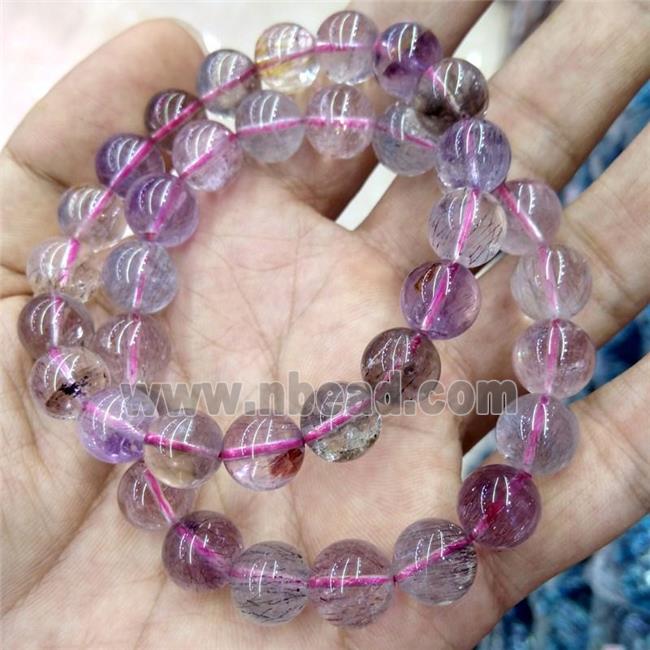 purple Super 7 Crystal Quartz Bracelet, Stretchy, round