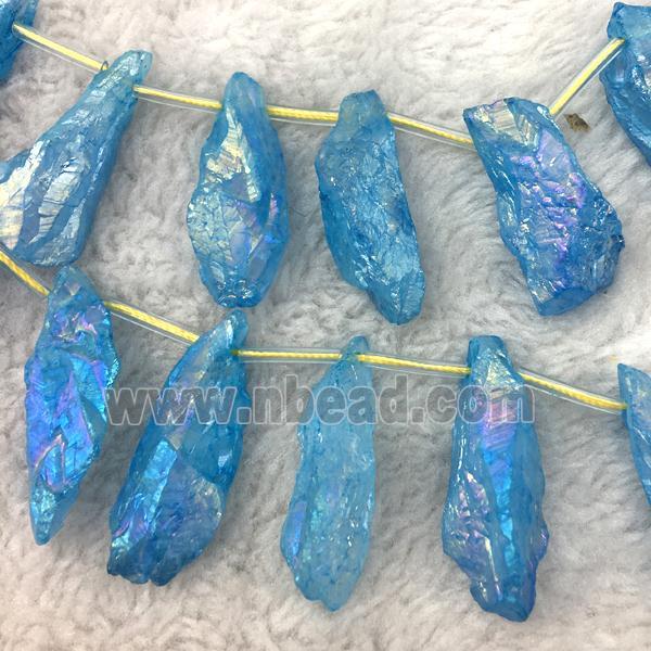 crystal quartz stick beads, freeform, blue electroplated