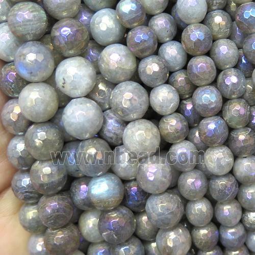 Labradorite beads, faceted round, AB color electroplated